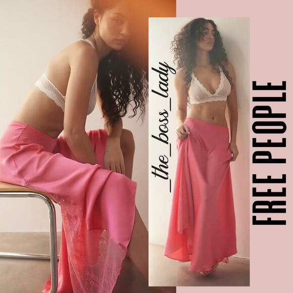 Free People maxi skirt satin half slip floral lace boho chic spring summer XL